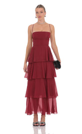Shimmer Crinkle Maxi Dress in Maroon